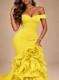 Dusty Blue Off-the-Shoulder Mermaid Prom Dress with 3D Rose & Ruffles
