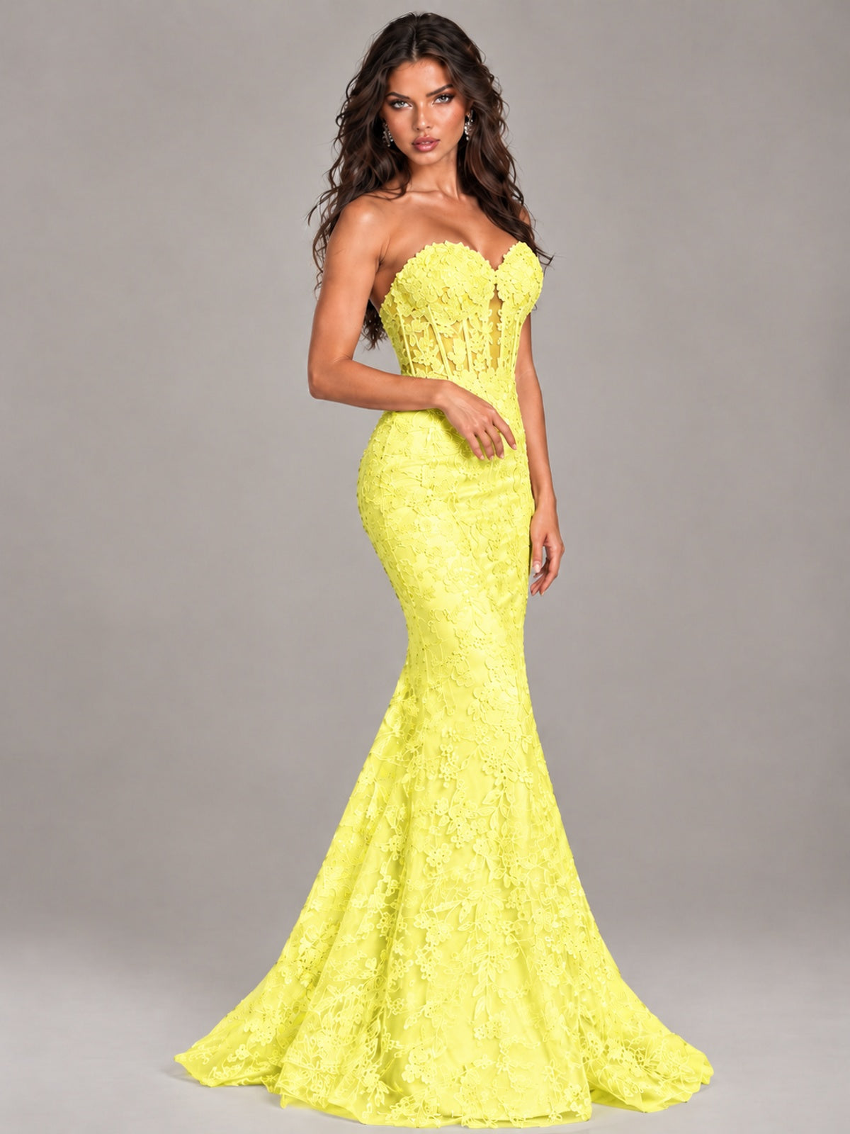 Strapless Corset Mermaid Prom Dress Lace Appliqué Formal Gown