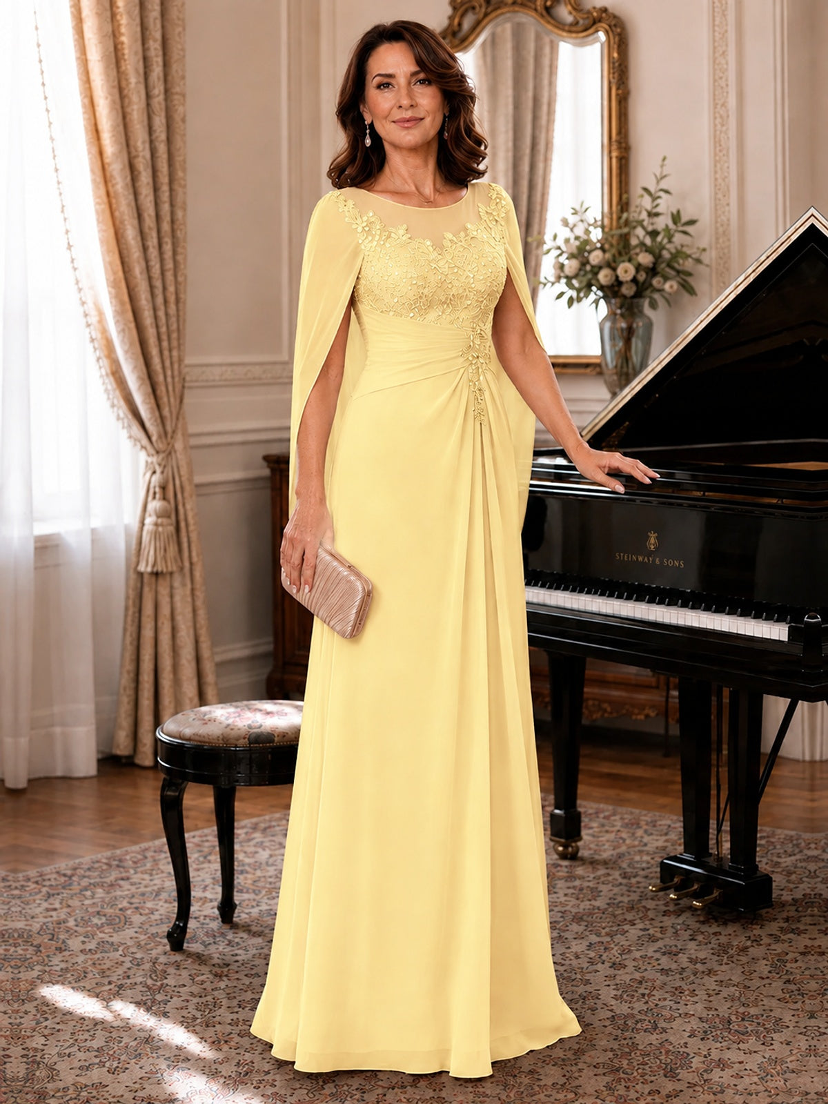 Elegant Applique Chiffon Mother of the Bride Dress with Cape Sleeves
