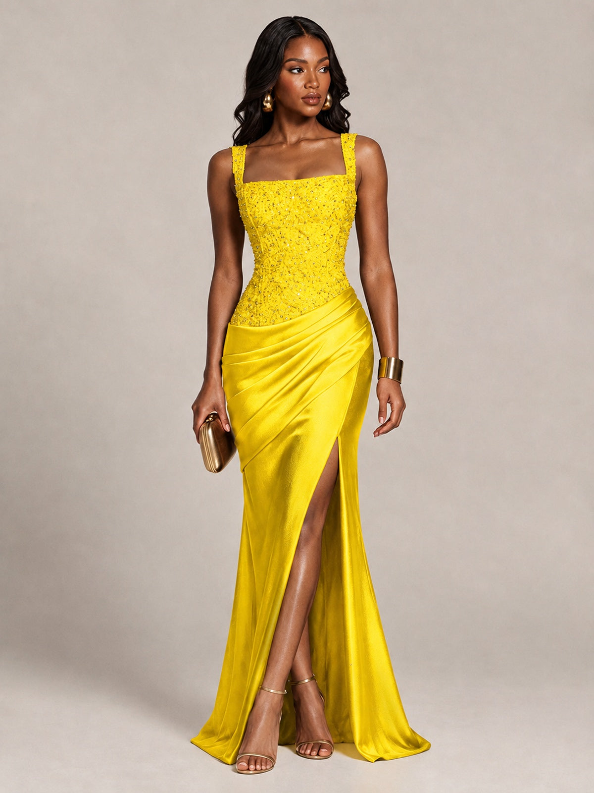 Scoop Neck Sequin Prom Dress with High Slit Satin Formal Gowns