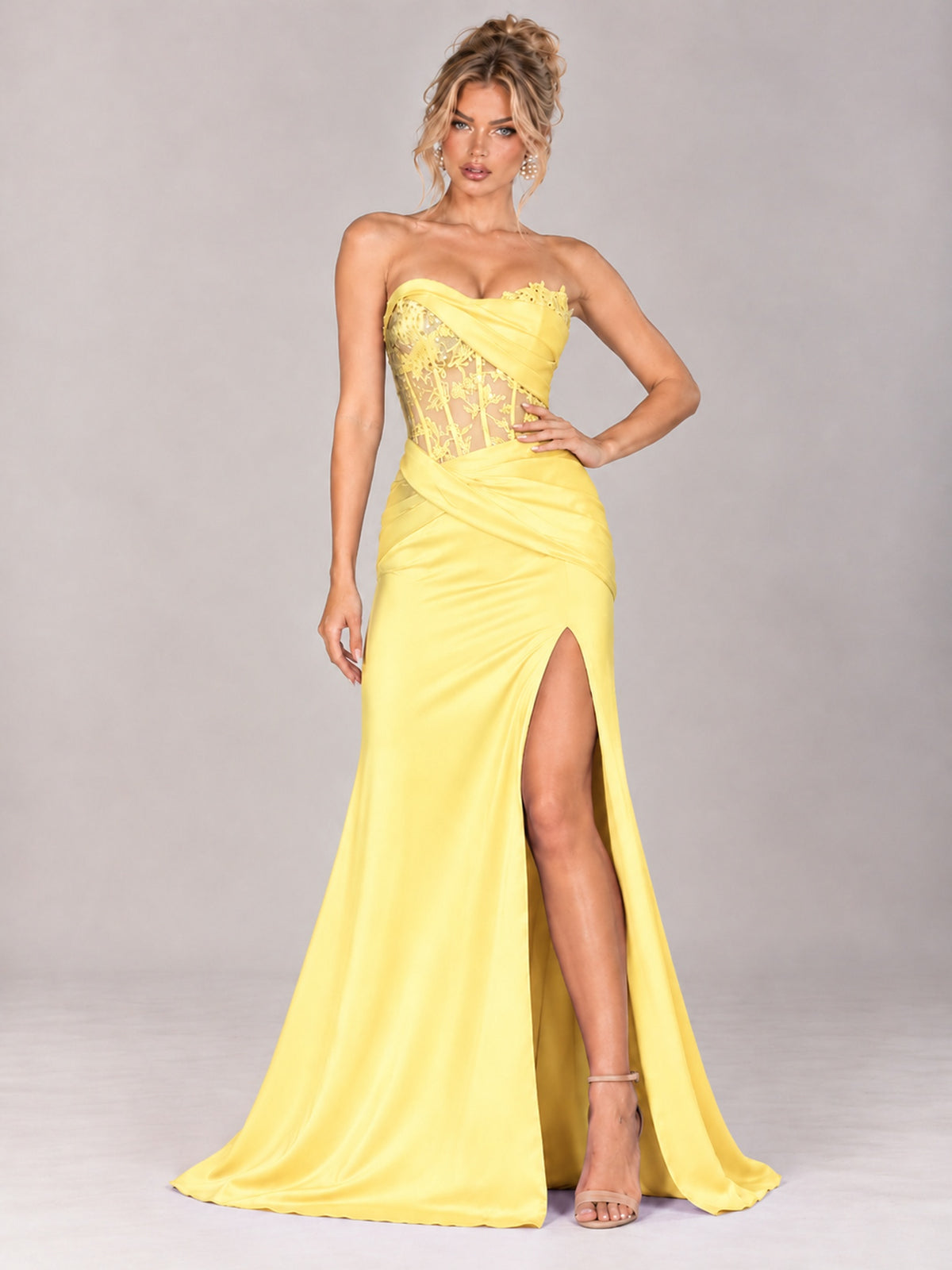 Strapless Satin Prom Dress with Sheer Lace Corset & High Slit