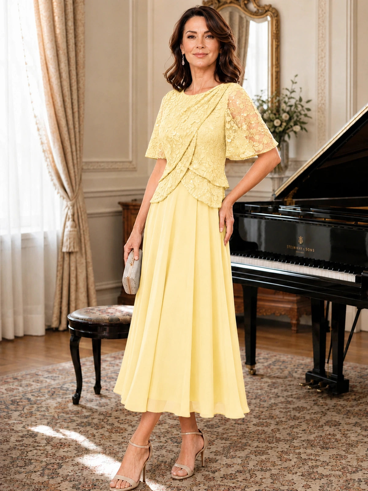 Tea-Length Chiffon Mother of the Bride Dress with Sequin Lace Sleeves