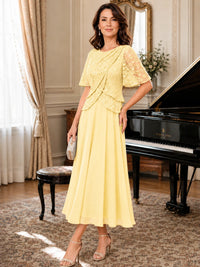 Tea-Length Chiffon Mother of the Bride Dress with Sequin Lace Sleeves