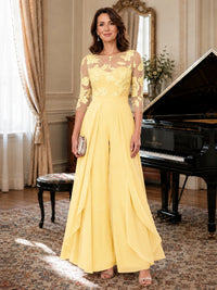 Lace Applique Wide-Leg Chiffon Mother of the Bride Jumpsuit
