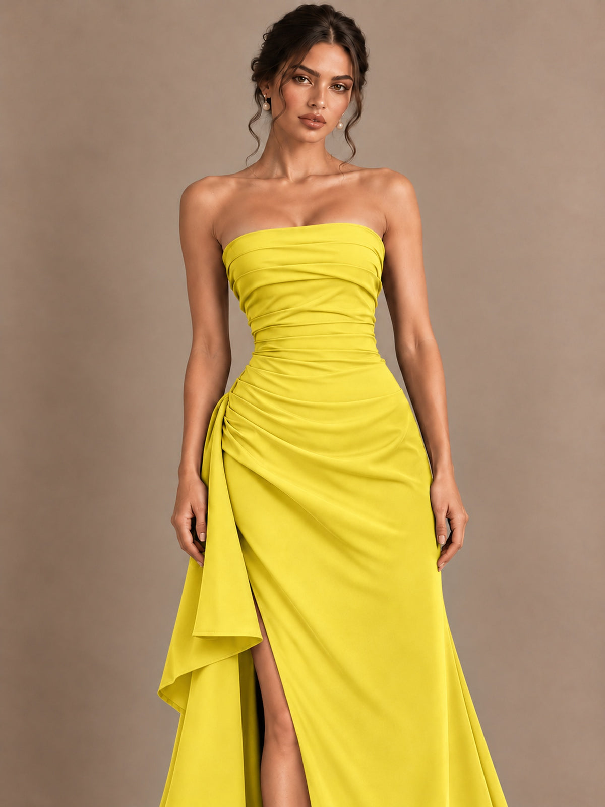 Black and White Strapless Ruched Prom Dress with High Slit & Side Drape