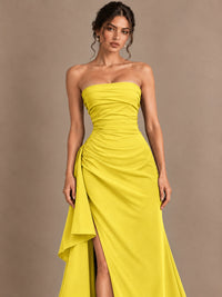 Black and White Strapless Ruched Prom Dress with High Slit & Side Drape