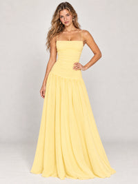 Butter Yellow Ruched Spaghetti Strap Drop-Waist Prom Dress