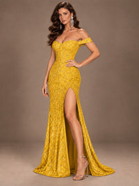 Off the Shoulder Corset Sequin Mermaid Prom Dress with Slit