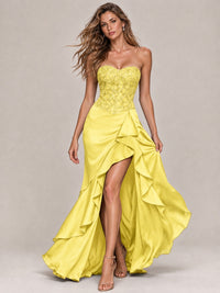 Strapless Lace Appliques Corset Satin Prom Dress Ruffle Slit Evening Gown