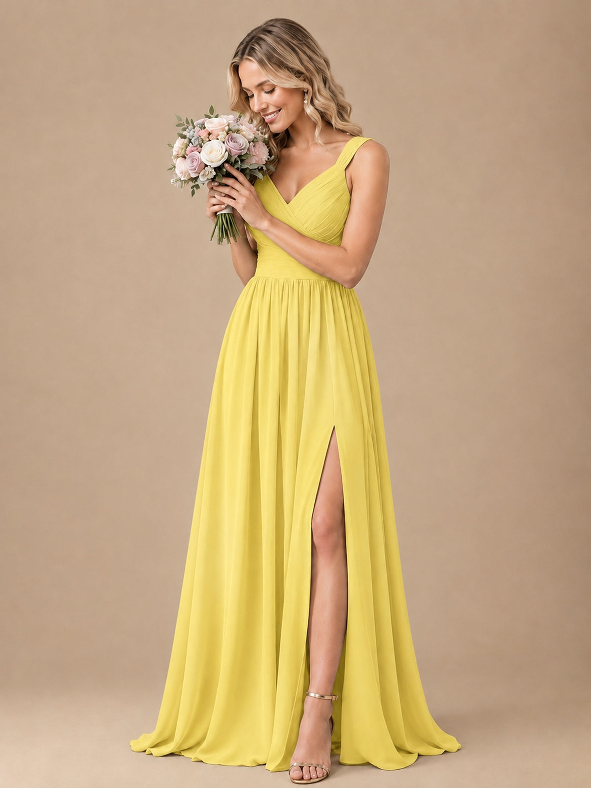 Pleated Chiffon V Neck Wedding Bridesmaid Dresses Floor Length with Slit