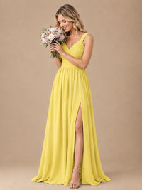 Pleated Chiffon V Neck Wedding Bridesmaid Dresses Floor Length with Slit