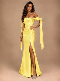Off The Shuolder Satin Prom Dress Slit Mermaid Formal Gowns