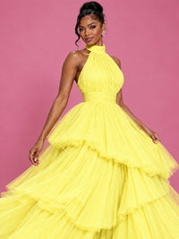 Hot Pink Tulle Halter Neck Tiered Ruffle Maxi Dress