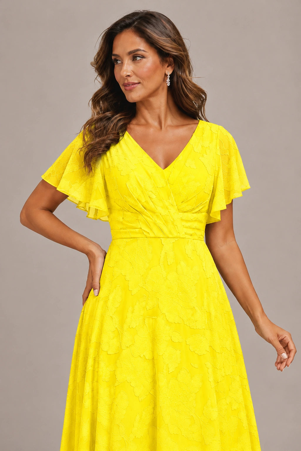 Jovellee Floral Chiffon A-Line Mother of the Bride Dress with Flutter Sleeves