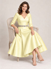 V-Neck Tea-Length Mother of the Bride Dress with Embellished Waist