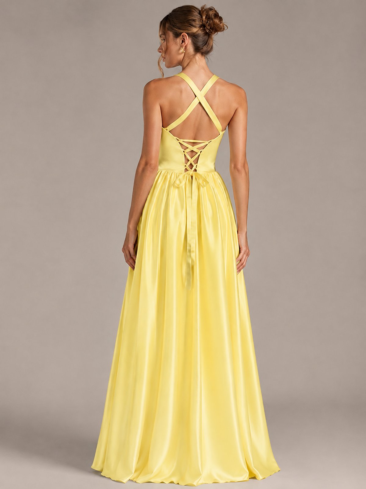Light Yellow Halter Neck Satin A-Line Maxi Dress with Pockets