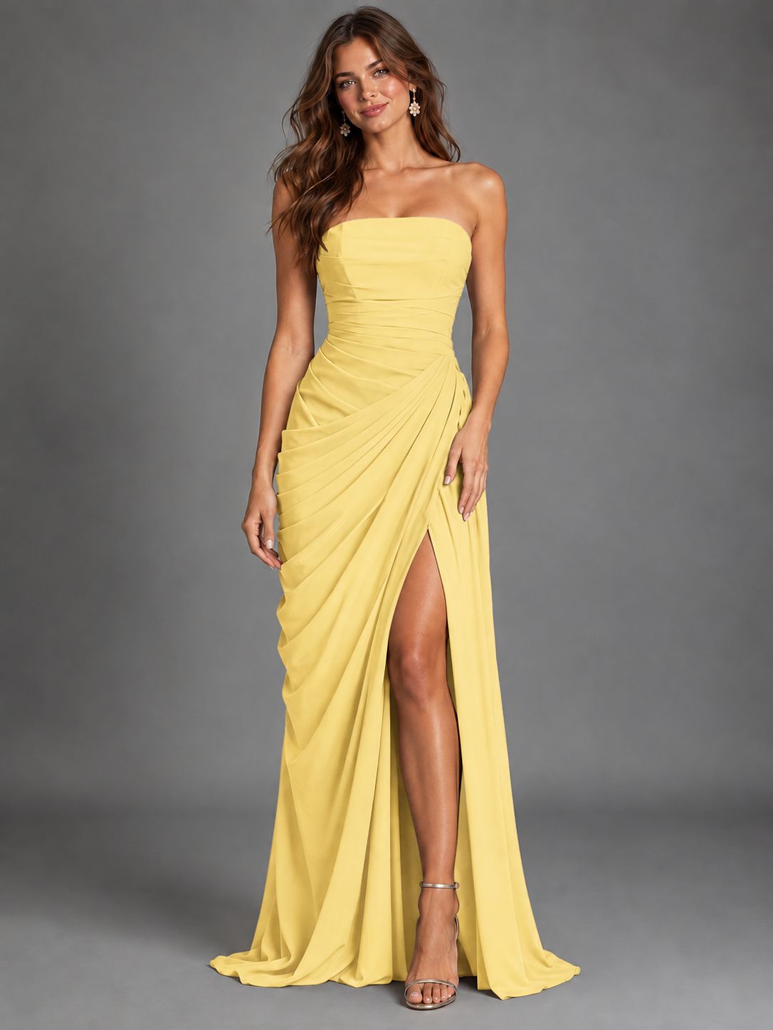 Strapless Bodycon Pleated Chiffon Formal Dress with Slit