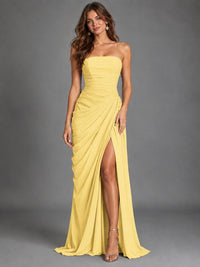 Strapless Bodycon Pleated Chiffon Formal Dress with Slit