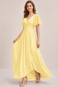 Dusty Blue Chiffon Bridesmaid Dress with Flutter Sleeves & High-Low Hem