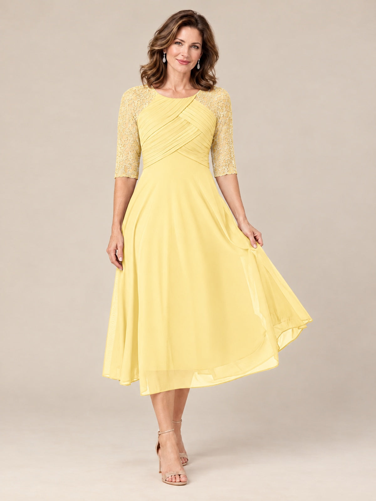 Tea-Length Mother of the Bride Dress with Lace 3/4 Sleeves