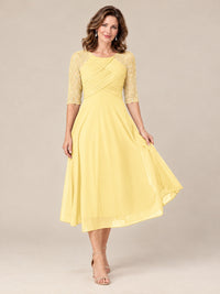 Tea-Length Mother of the Bride Dress with Lace 3/4 Sleeves