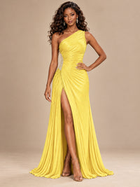 Burgundy One Shoulder Ruched Prom Dress with High Slit & Beaded Waist