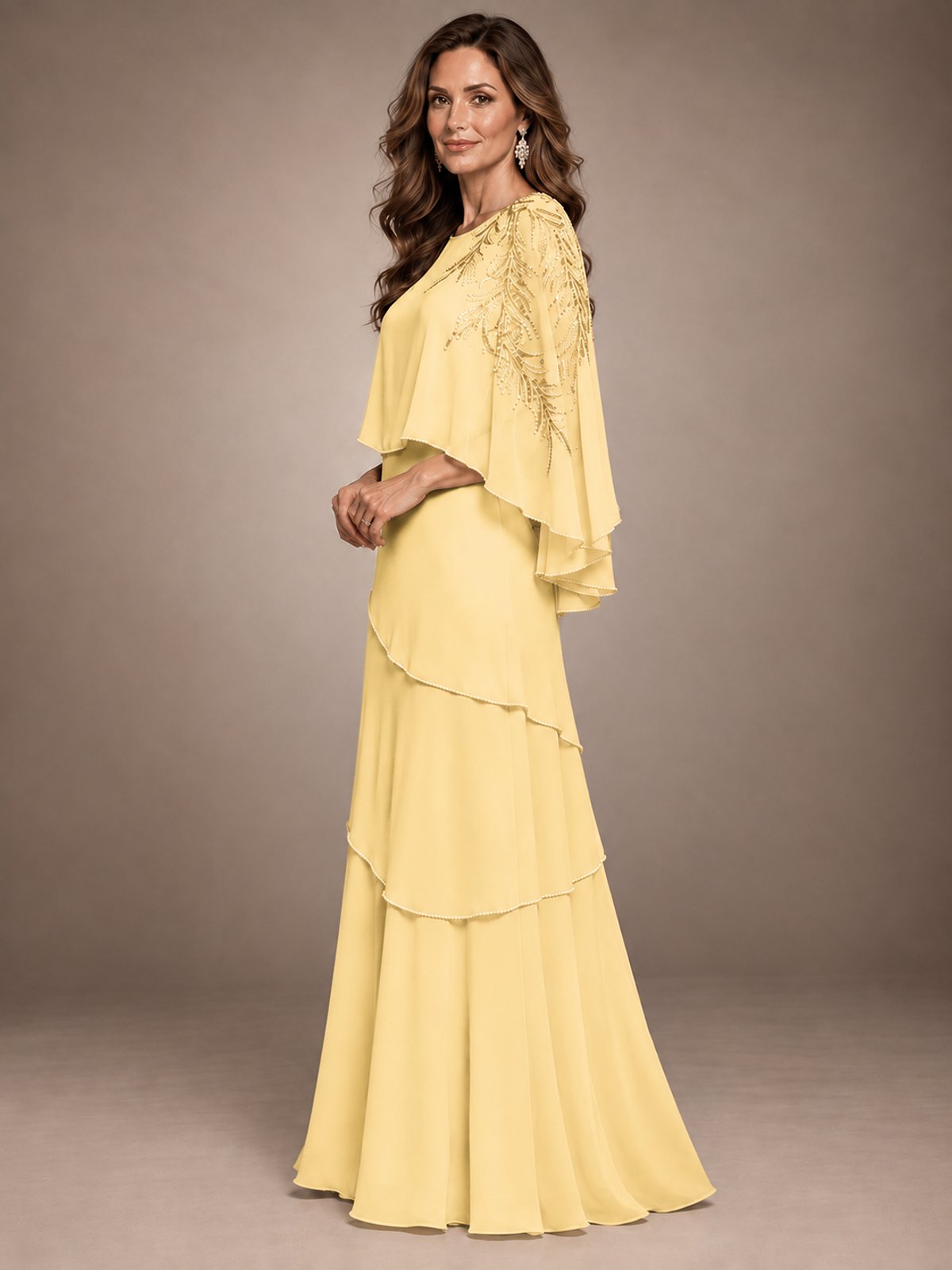 Elegant Chiffon Cape Sleeve Beaded Mother of the Bride Dress