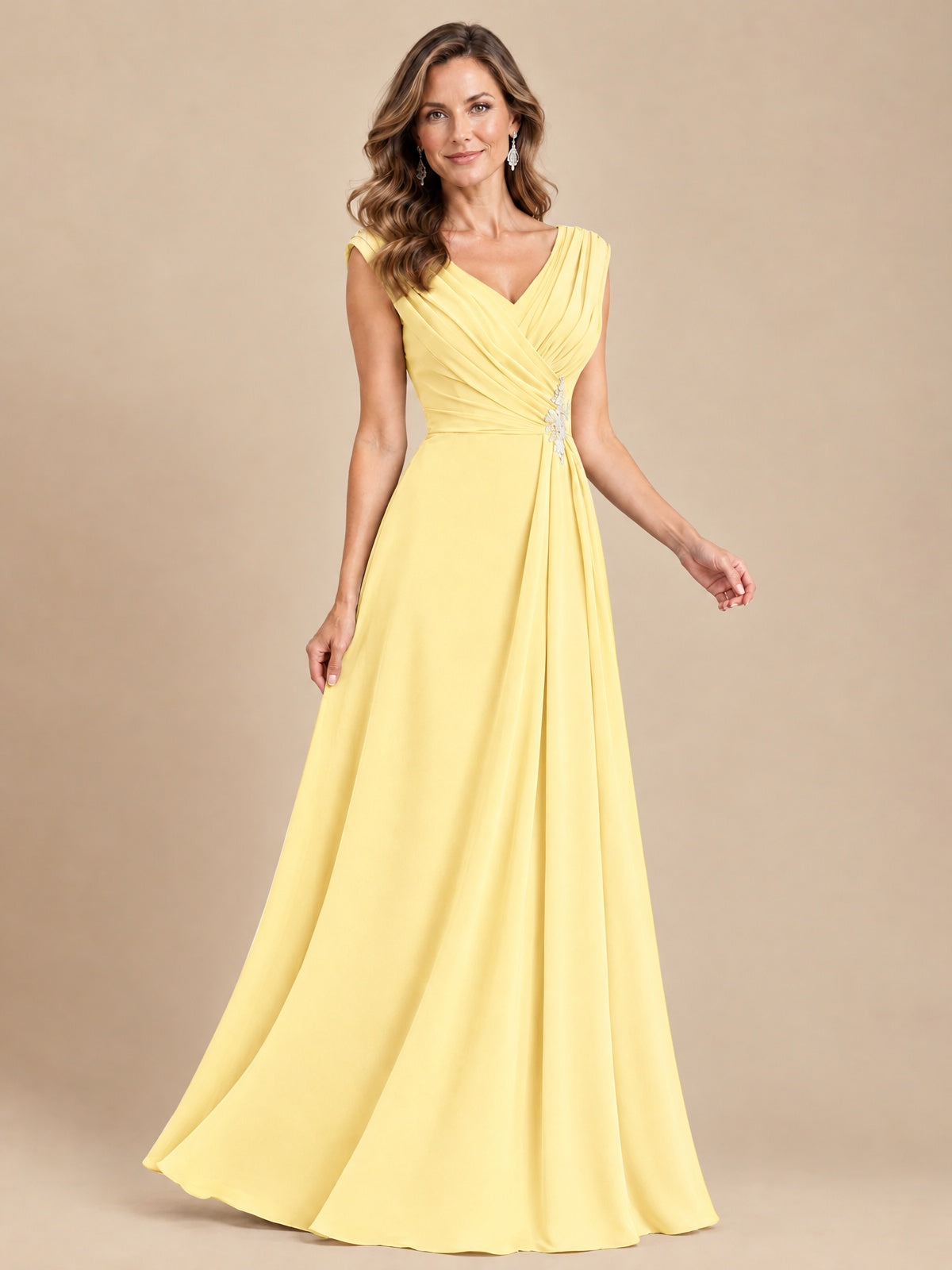 V Neck Pleated Mother of The Bride Dresses with Beading Cap Sleeves