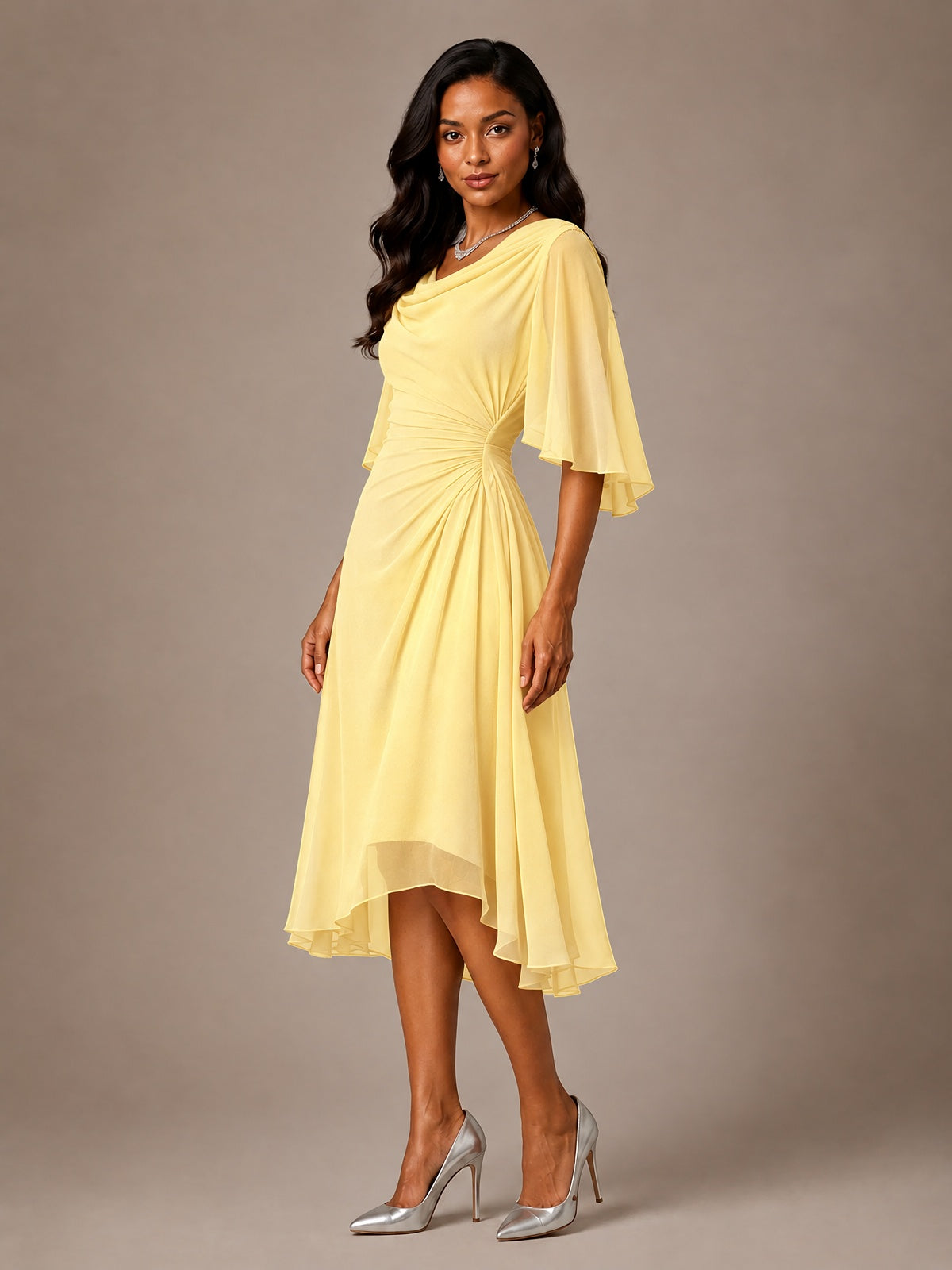 Cowl Neck Ruched Chiffon Mother of the Bride Dresses with Flutter Sleeves