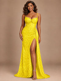 Burgundy Sequin Corset Prom Dress with High Slit