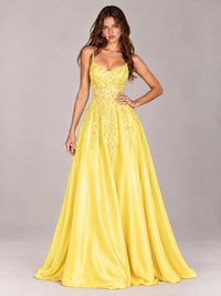 Lace Applique Satin A-Line Prom Dress with Sheer Bodice