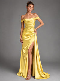 Off Shoulder Satin Maxi Dress with Slit