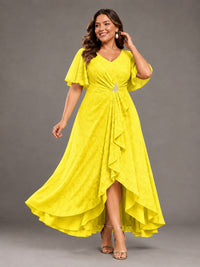 Jacquard Chiffon A-Line V-Neck High-Low Mother of the Bride Dress