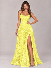 Floral Lace A-Line Prom Dress with Spaghetti Straps & High Slit