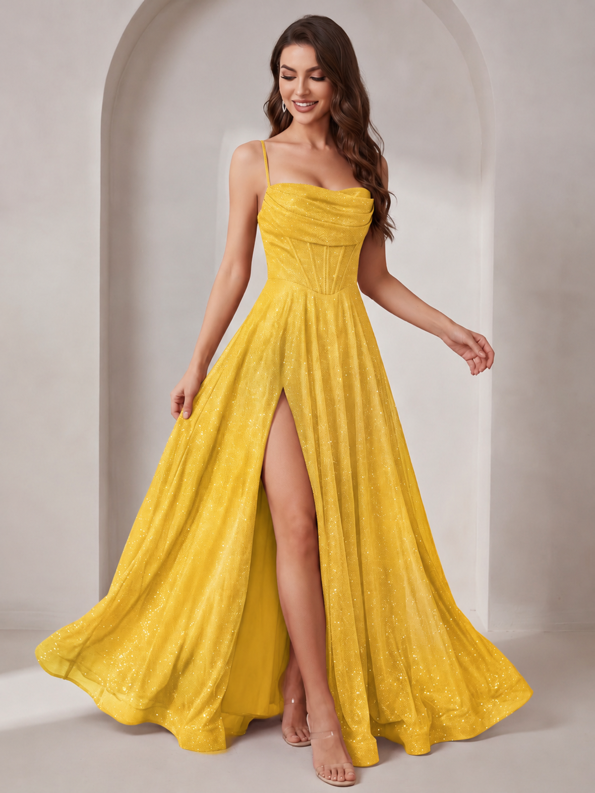 Sparkly Cowl Neck Corset Long Prom Dress with Slit A-line Tulle Ball Gown