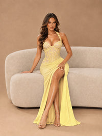 Sweetheart Halter Prom Dress Pleated Lace Floral Formal Dress with Slit