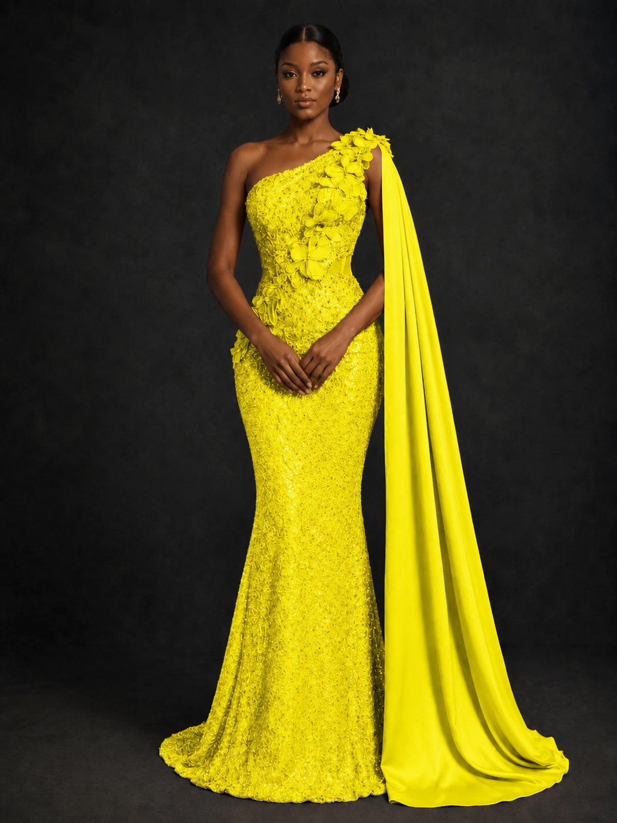 Gold Sequin One Shoulder Mermaid Prom Dress with Cape