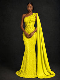 Gold Sequin One Shoulder Mermaid Prom Dress with Cape