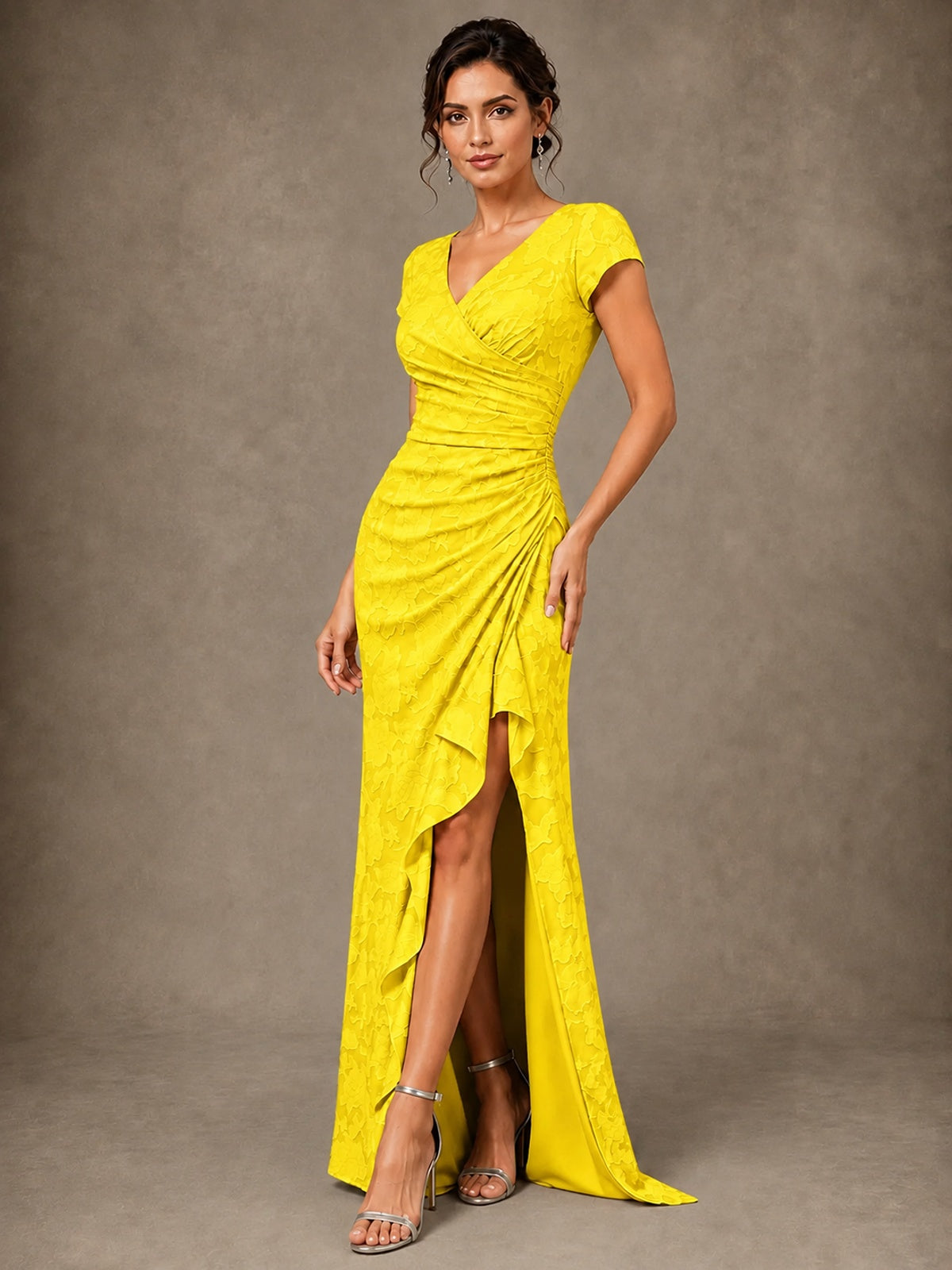 V-Neck Floral Jacquard Mother of the Bride Dress with Slit