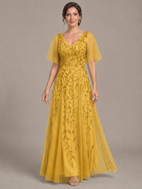 V-Neck Sequin Tulle Mother of the Bride Dress with Flutter Sleeve