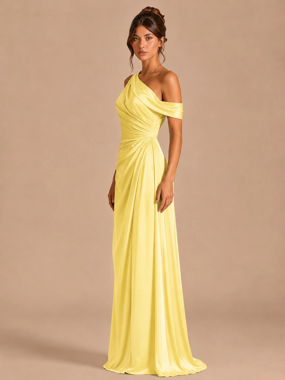Satin One Shoulder Prom Dress Ruched Long Formal Evening Gown