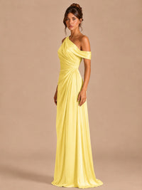 Satin One Shoulder Prom Dress Ruched Long Formal Evening Gown