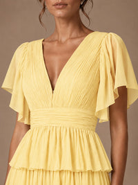 Chiffon V-Neck Tiered Ruffle Bridesmaid Dress with Slit