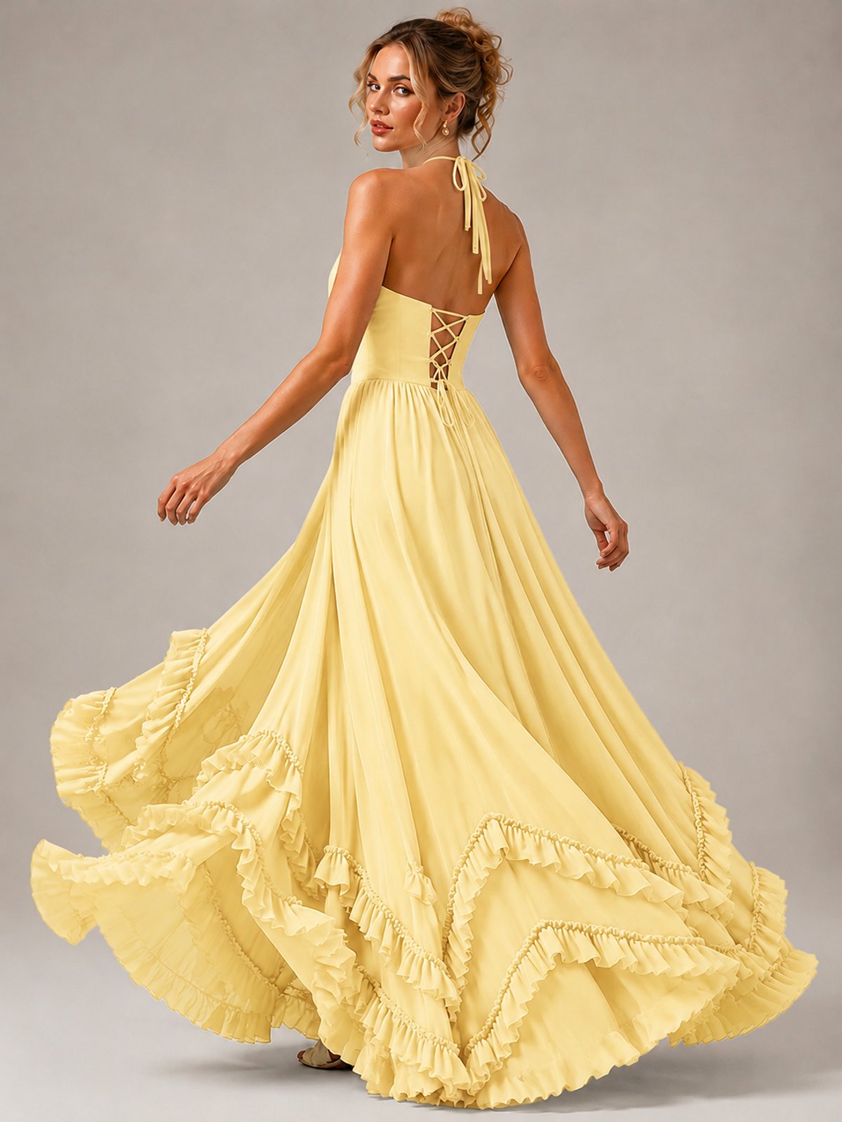 Halter V Neck Chiffon Formal Dress with Lace-Up Back and Ruffle Hem