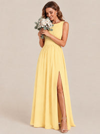 A-line Sleeveless Rucehd Chiffon Bridesmaid Dress with High Slit