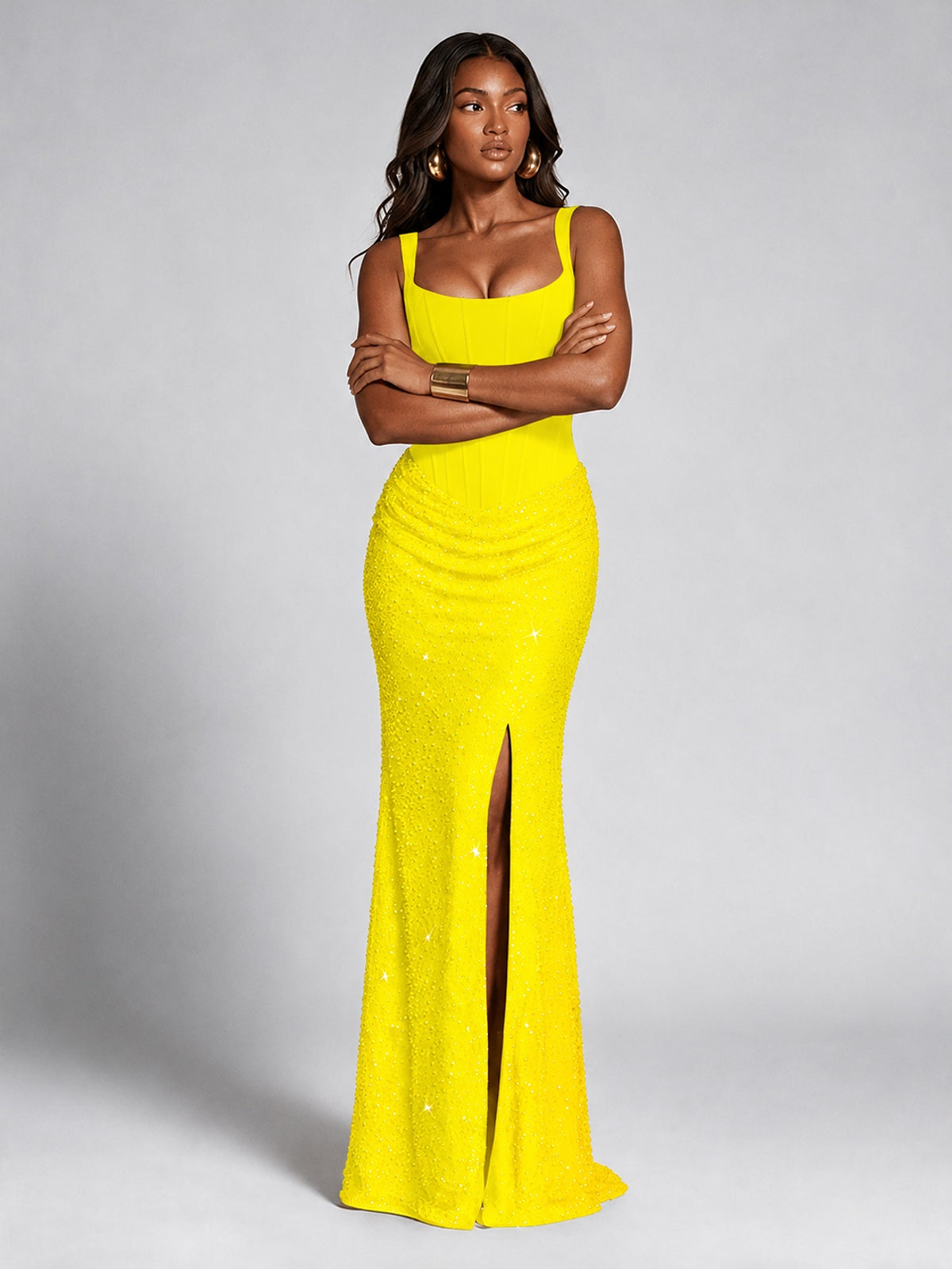 Sequin Corset Mermaid Prom Dress with Square Neck Wide Strap High Slit