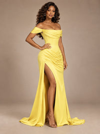 Burgundy Off-the-Shoulder Satin Corset Prom Dress with Slit