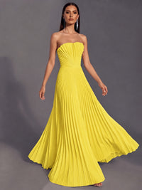 Strapless A-line Long Pleated Satin Prom Dress