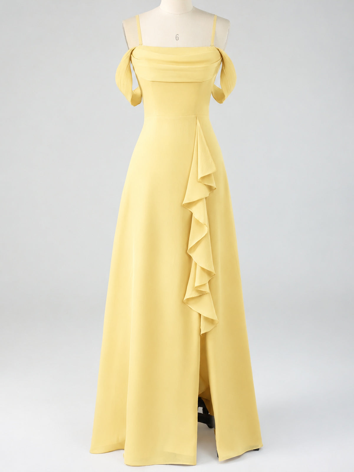 Spaghetti Strap Chiffon Bridesmaid Dress with Ruffles Slit
