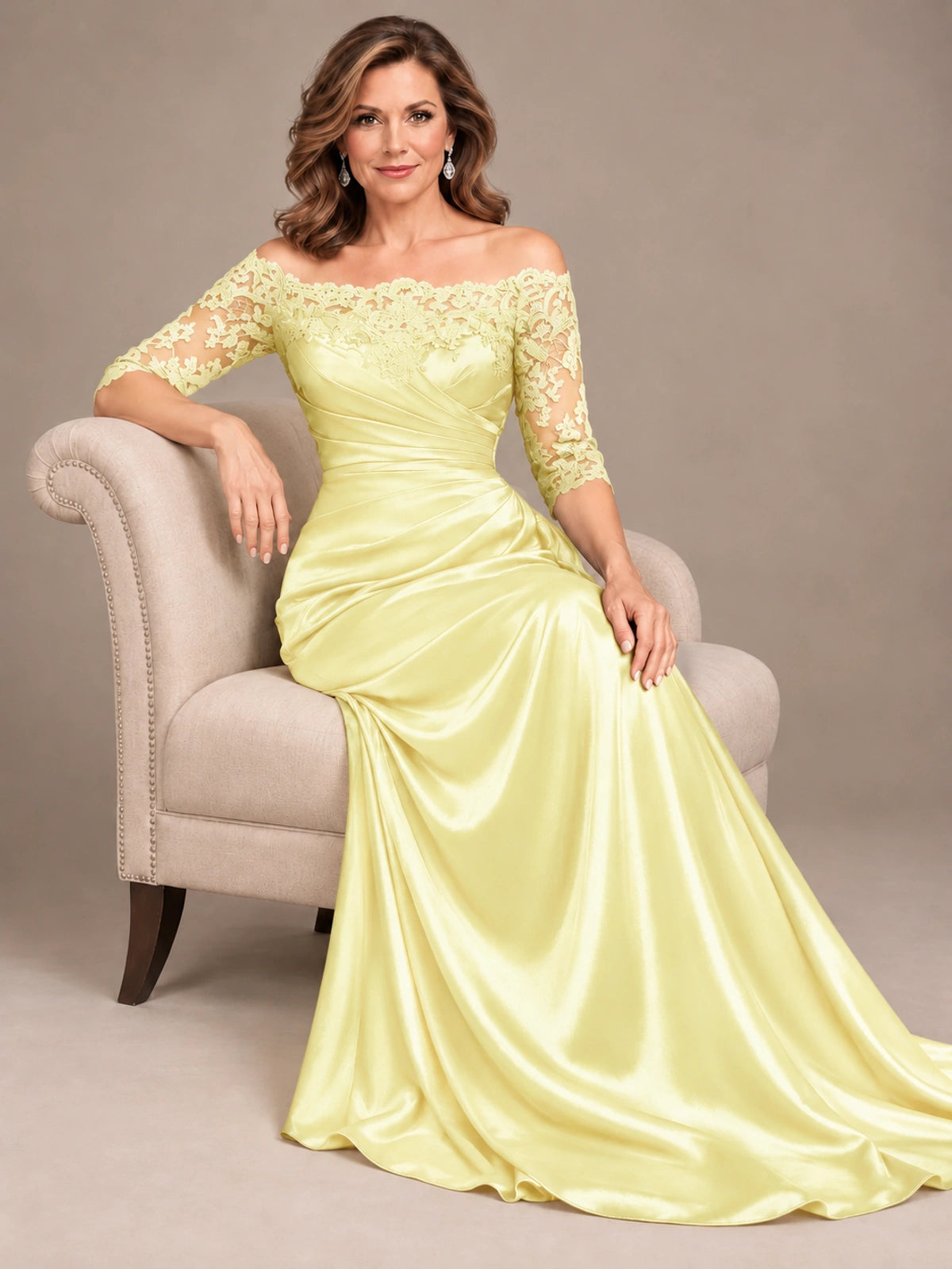 Satin Mother of the Bride Dress with Lace Sleeves Off Shoulder Formal Gown